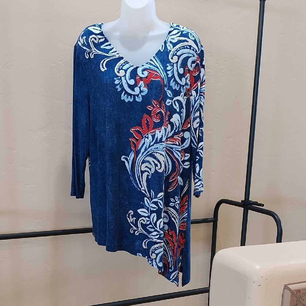 Blue and Red Asymmetrical Tunic with Long Sleeves